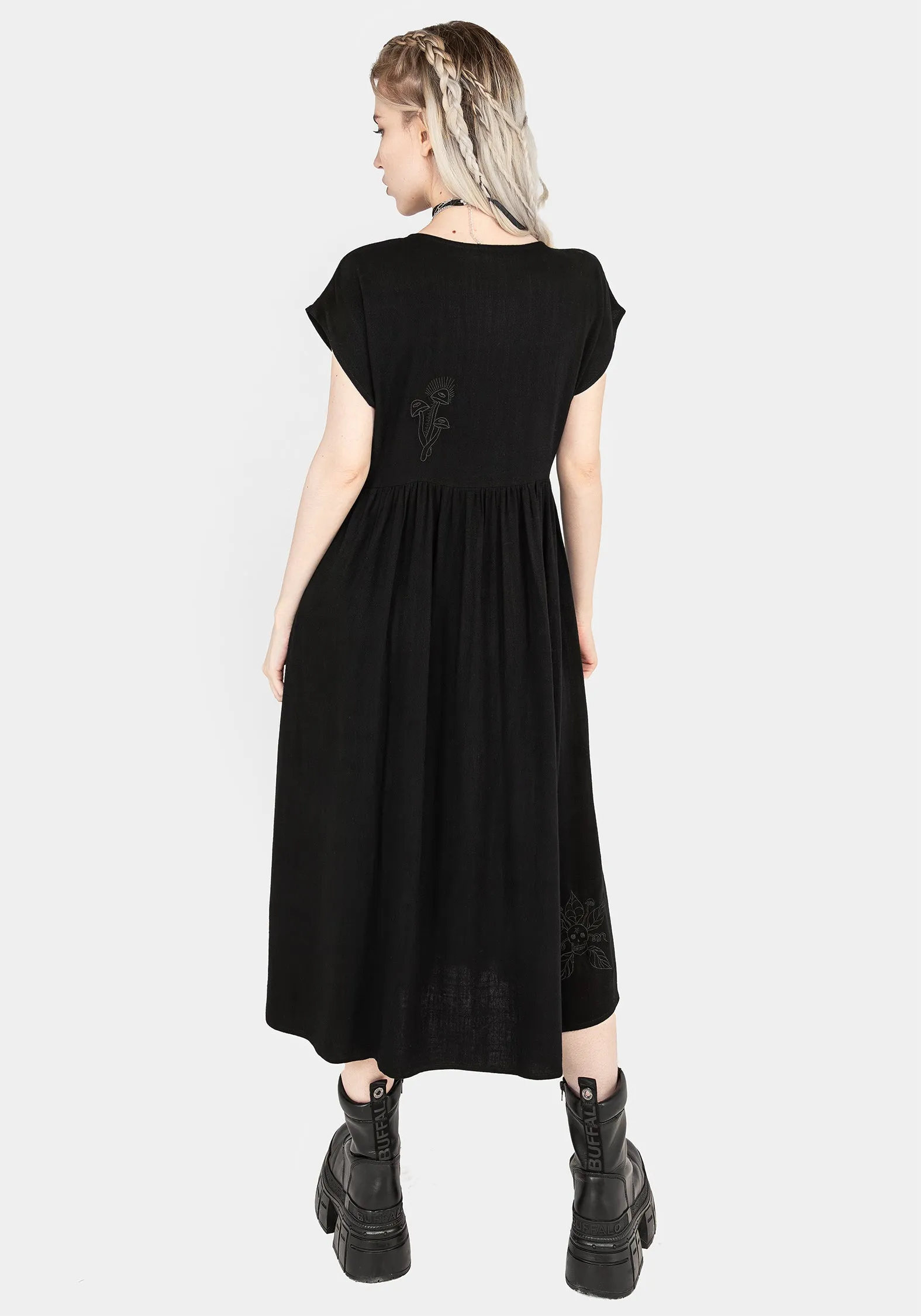 Leaf Song Scutellaria Embroidered Button Up Midi Dress