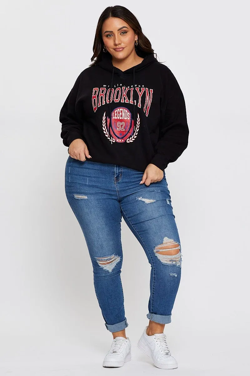 Black Relaxed Hoodie Brooklyn Graphic Long Sleeve Fleece Relaxed Vibe