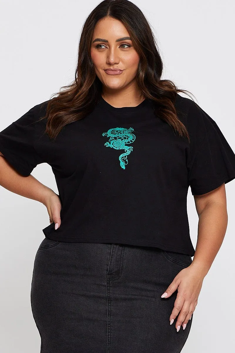 Black Sleeve T-shirt Embroidered Dragon Crew Neck Short Essential Wardrobe Classic Look