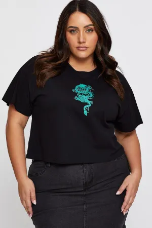 Black Sleeve T-shirt Embroidered Dragon Crew Neck Short Trendy Vibe