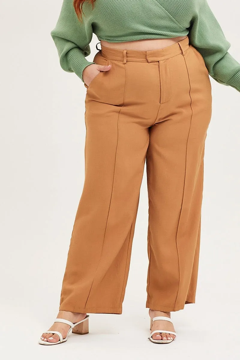 All Day Wear Structured Hemline Brown Wide Leg Pants High Rise Seam Front