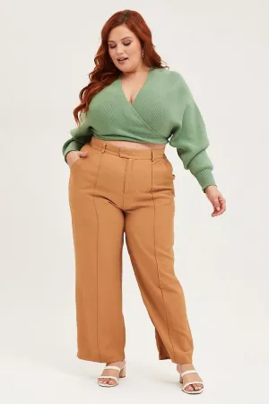 Brown Wide Leg Pants High Rise Seam Front Ripstop Reinforcement