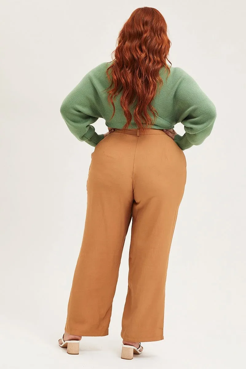 Brown Wide Leg Pants High Rise Seam Front BreathableMaterial