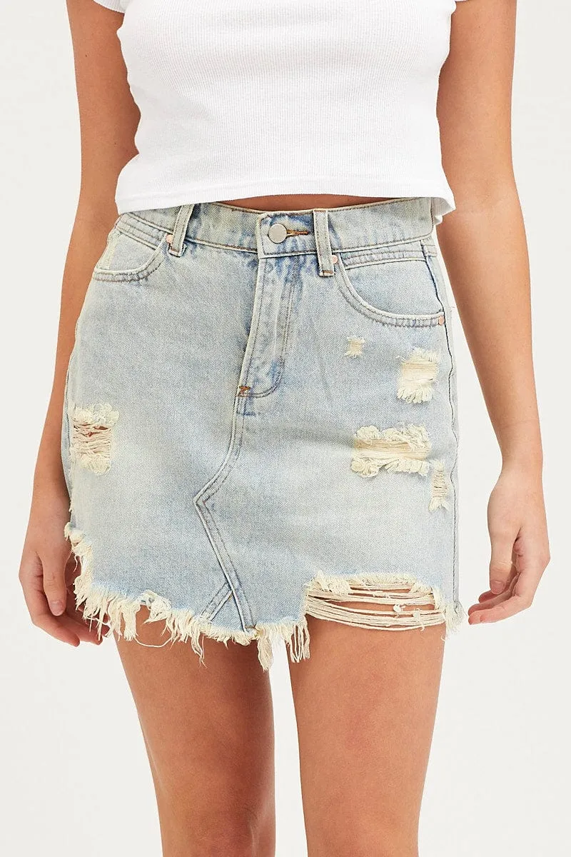 Stretchable Waist Blue Skirt Mini High Rise Distressed