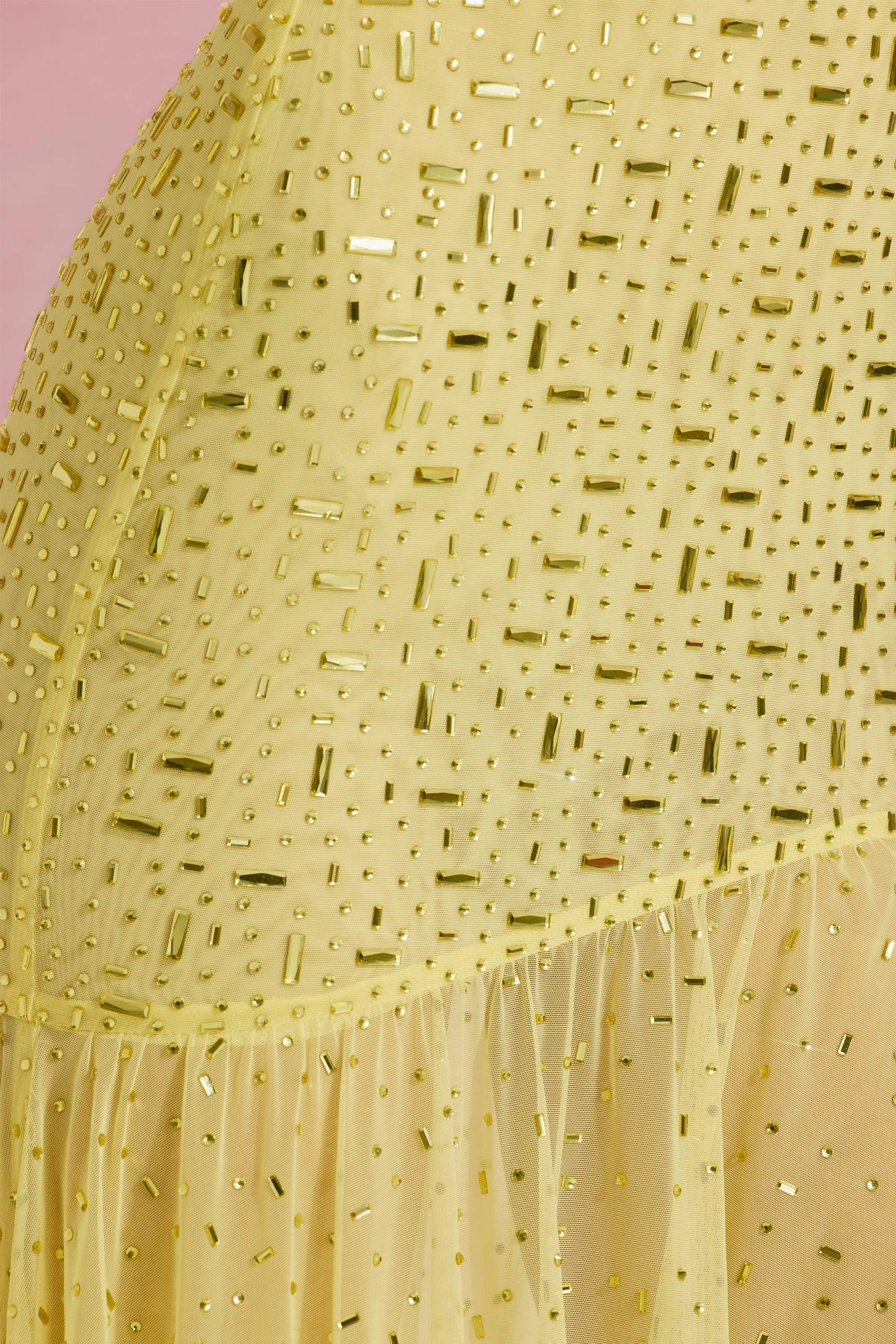 Semi-Sheer Embellished Asymmetric Maxi Dress in Yellow Perfect for a day out or a night on the town this dress offers endless styling possibilities