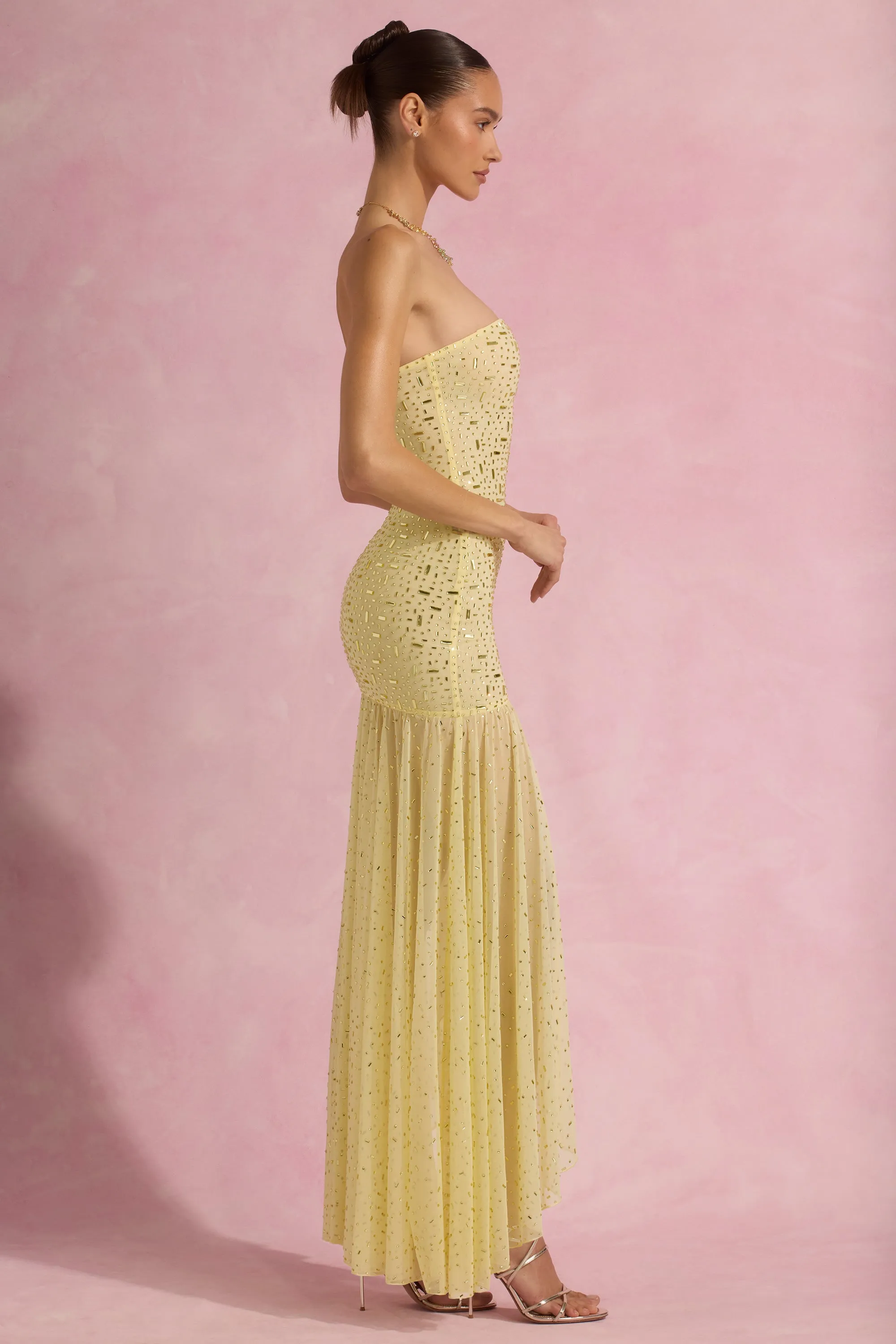 Pine Grove Rail Glow Semi-Sheer Embellished Asymmetric Maxi Dress in Yellow