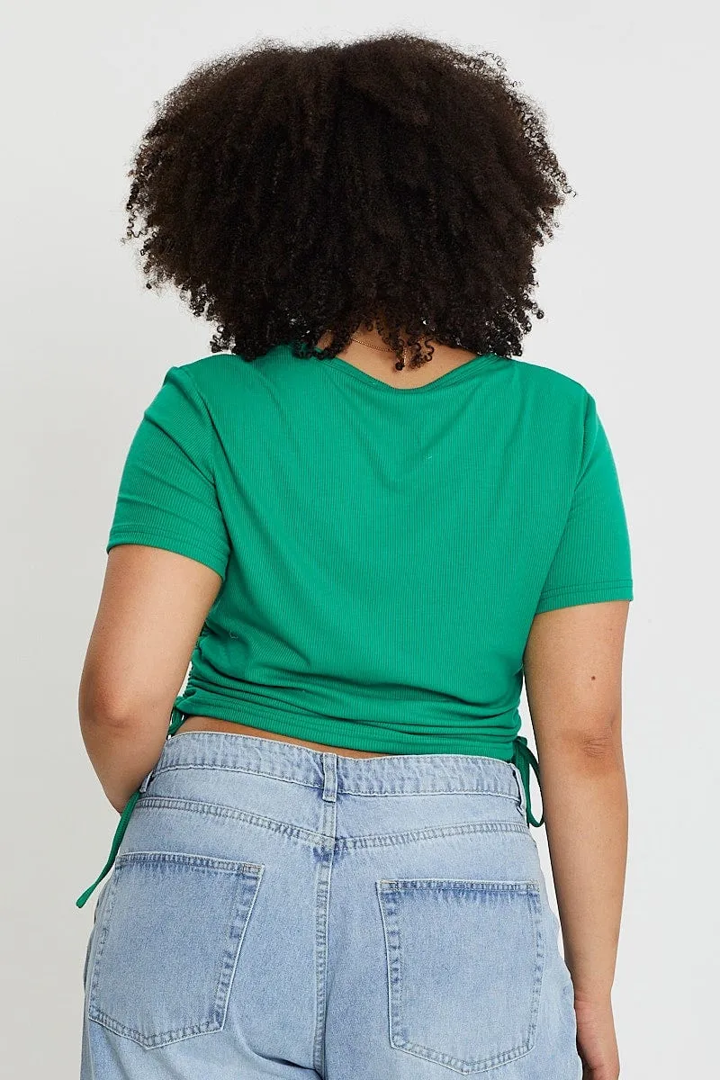 MinimalistDesign Green Short Sleeve Green Jersey Drawstring Side Top