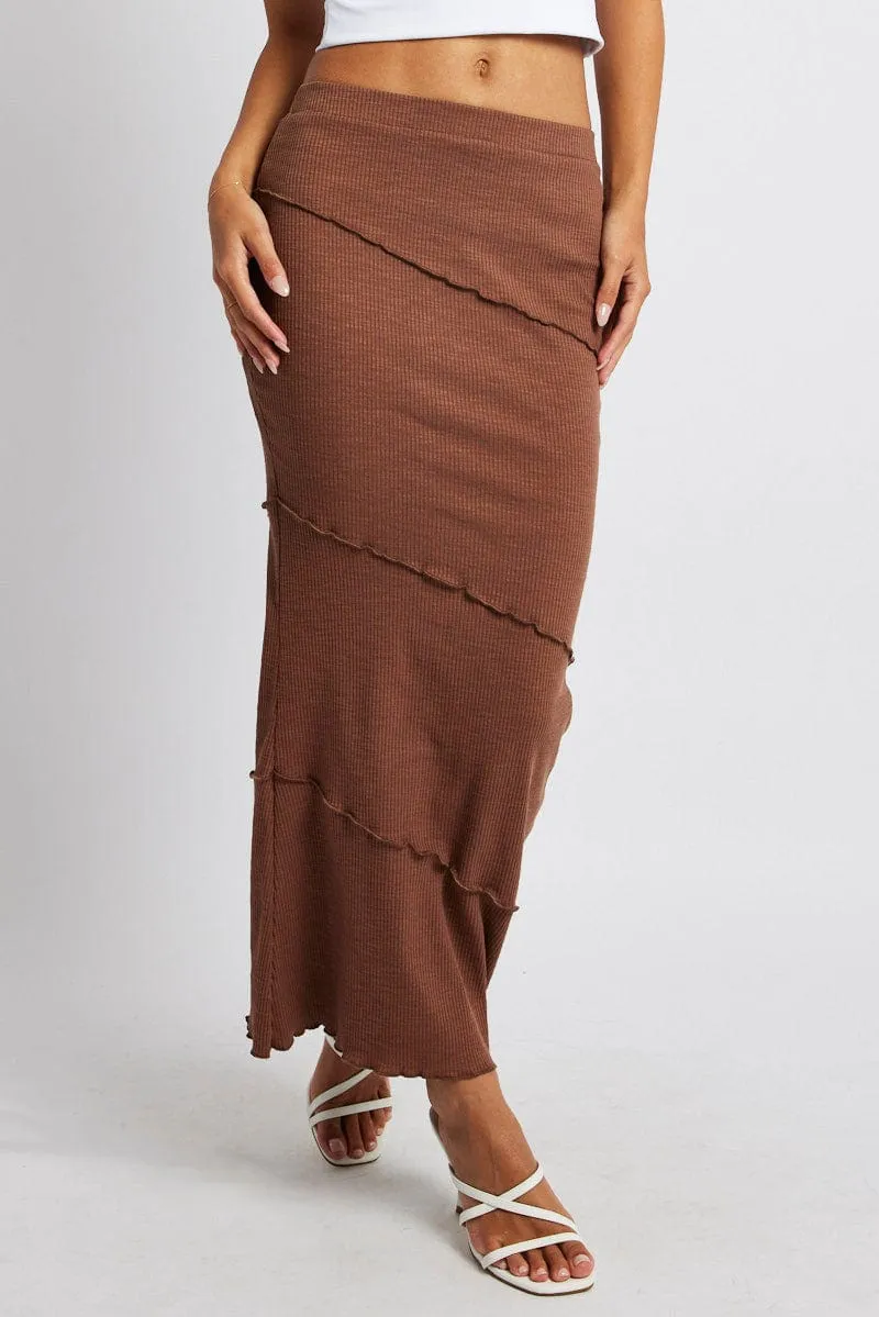 Brown Midi Skirt Bodycon High Rise Rib Jersey Durable Hem Breezy Style