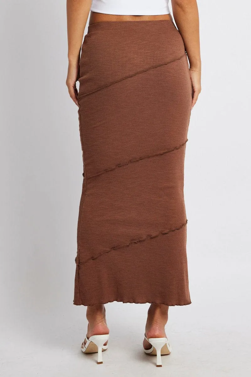 Brown Midi Skirt Bodycon High Rise Rib Jersey Business Meeting Soft Vibe