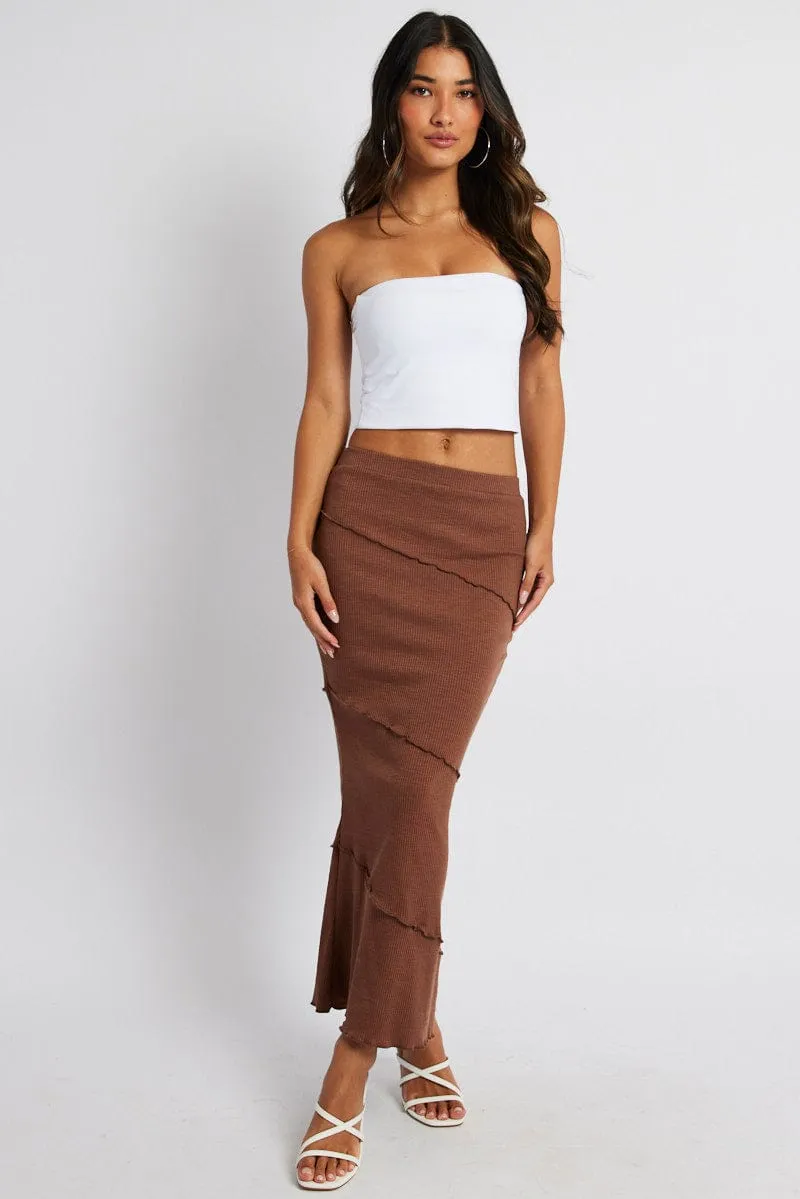 Brown Midi Skirt Bodycon High Rise Rib Jersey Ventilated Panels High Street Fashion