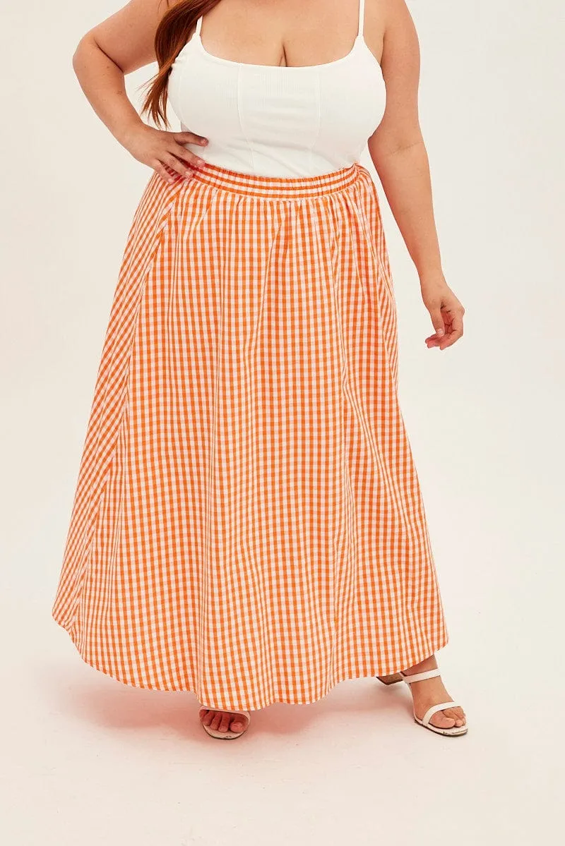 Orange Check Midi Skirt High Waist Elaticated Waist Date night personalized option