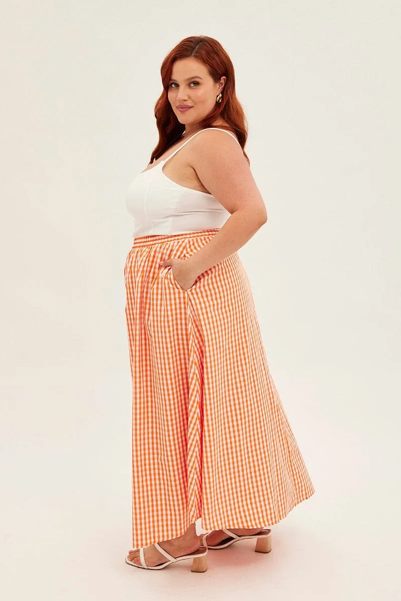 Reinforced Hemline Sleek Comfort Orange Check Midi Skirt High Waist Elaticated Waist