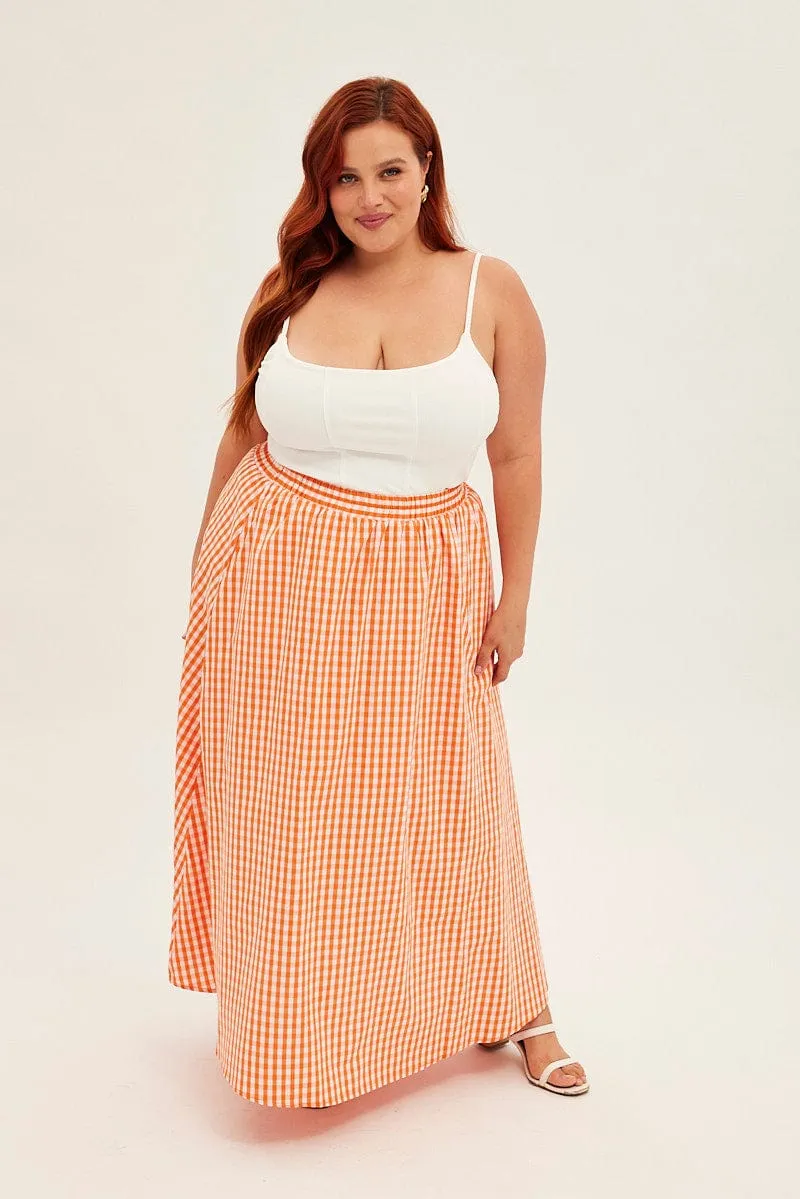 Orange Check Midi Skirt High Waist Elaticated Waist Everyday Favorite