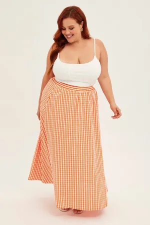 Orange Check Midi Skirt High Waist Elaticated Waist Push Button Closure