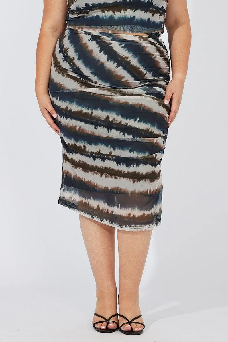 Structured Shape Black Abstract Ruched Split Mesh Skirt