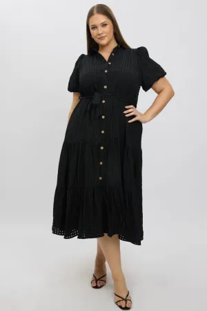 Black Midi Dress Short Sleeve Tiered Shirt Linen Cool Coastal Path