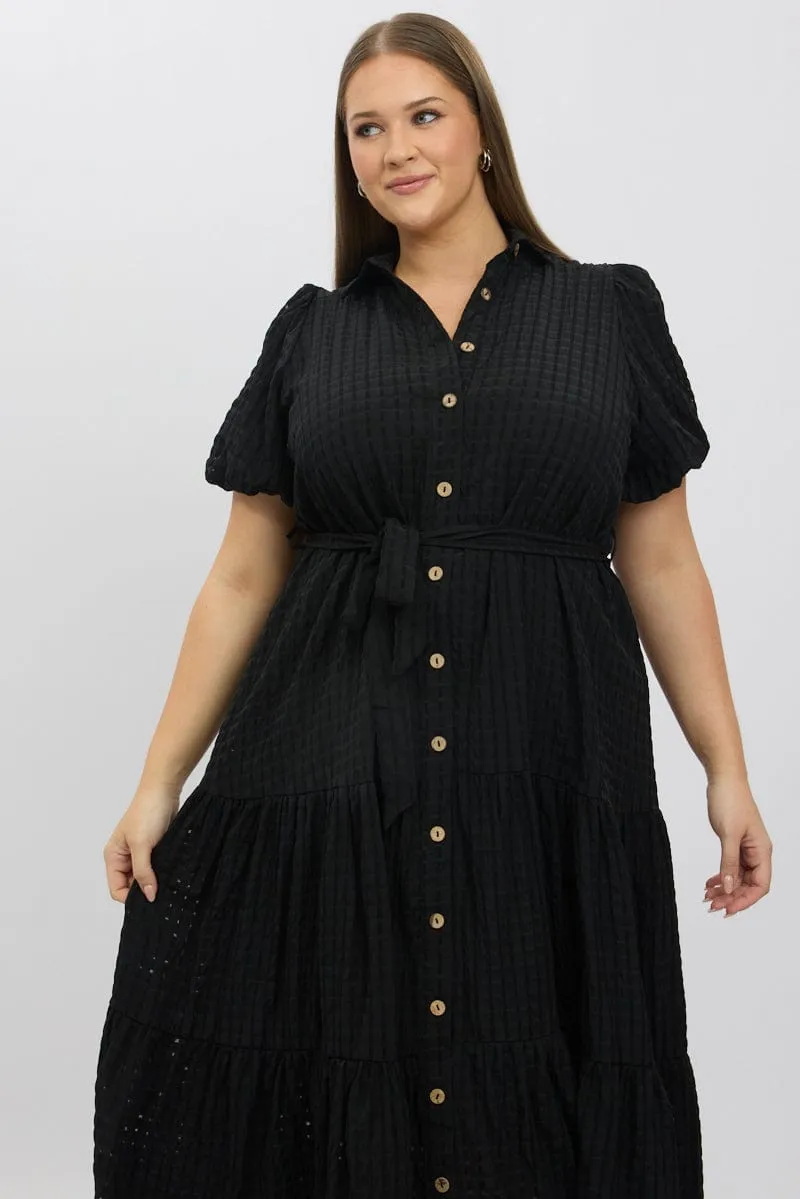 Black Midi Dress Short Sleeve Tiered Shirt Opera Hall Stylish semi-formal dress