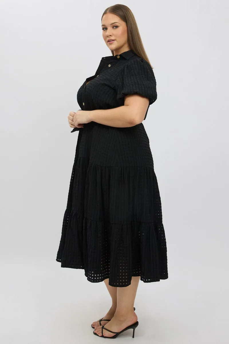 Black Midi Dress Short Sleeve Tiered Shirt Travel Ready