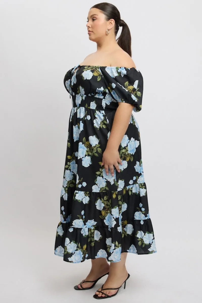 Serene Charm Black Floral Midi Dress Short Sleeve Ruched Bust Tiered
