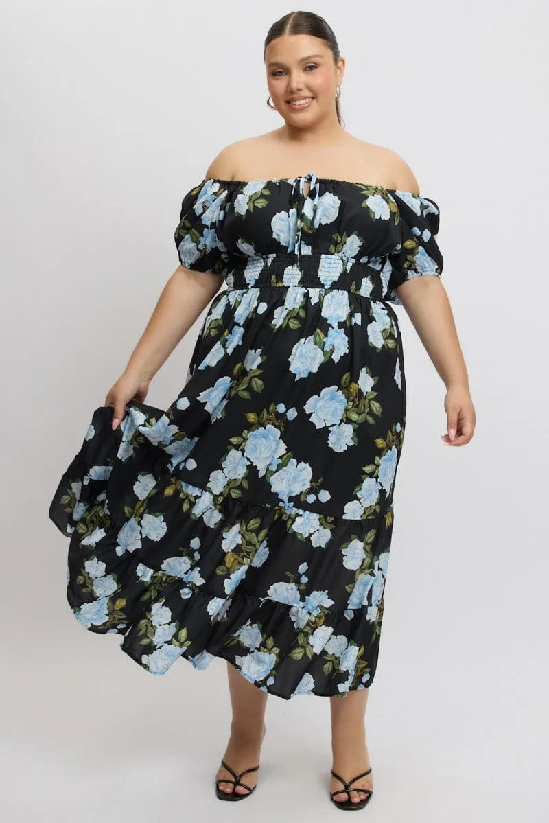 Sun Beam Black Floral Midi Dress Short Sleeve Ruched Bust Tiered