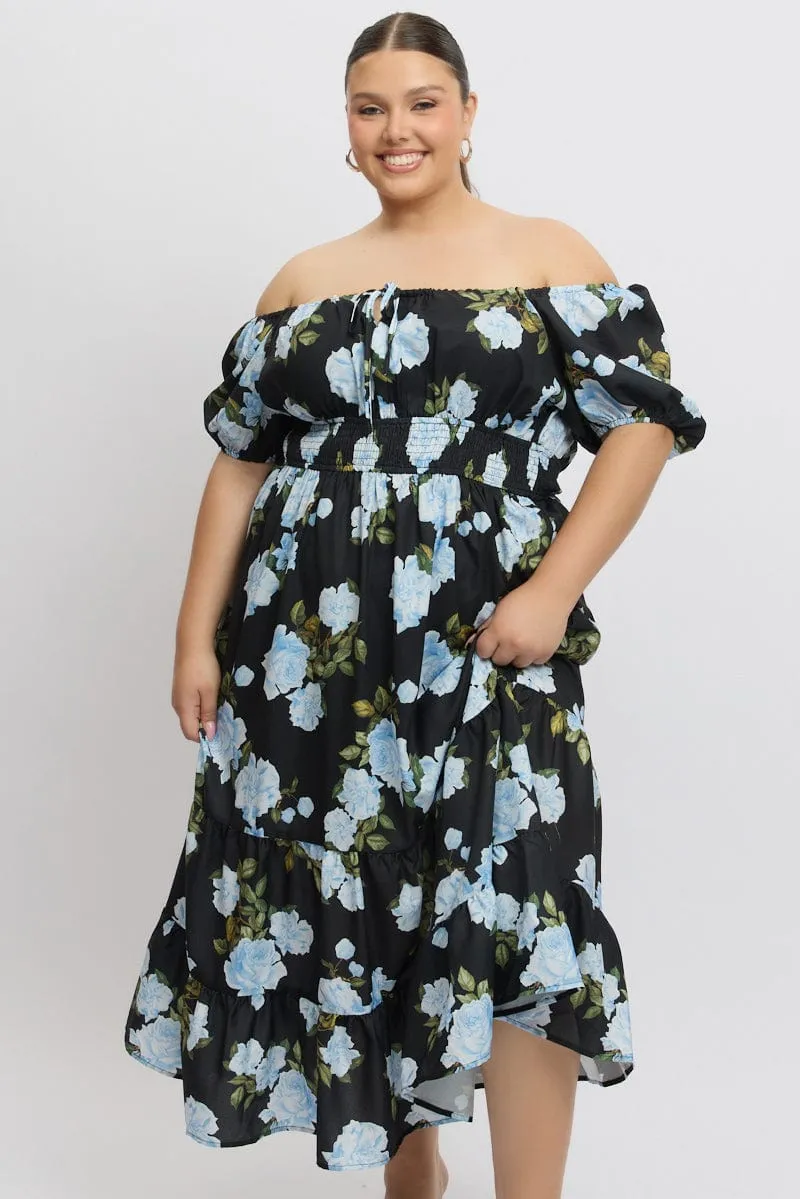 Black Floral Midi Dress Short Sleeve Ruched Bust Tiered Star Light