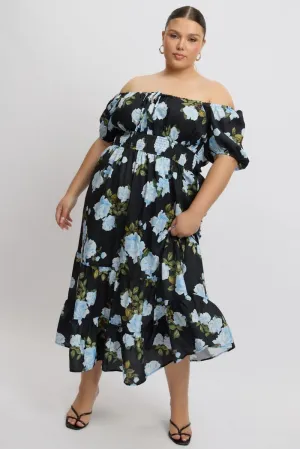 Classy Appearance Temple Way Black Floral Midi Dress Short Sleeve Ruched Bust Tiered