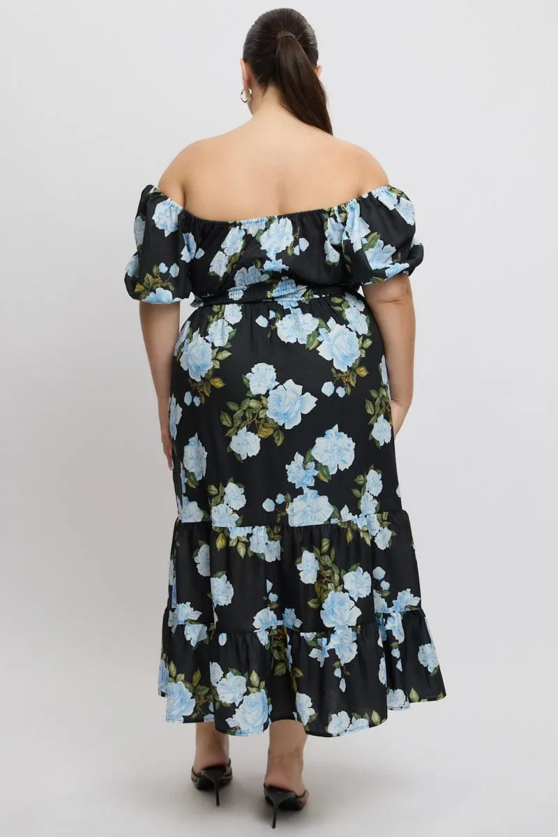 Black Floral Midi Dress Short Sleeve Ruched Bust Tiered Weather Chic Workday Cool
