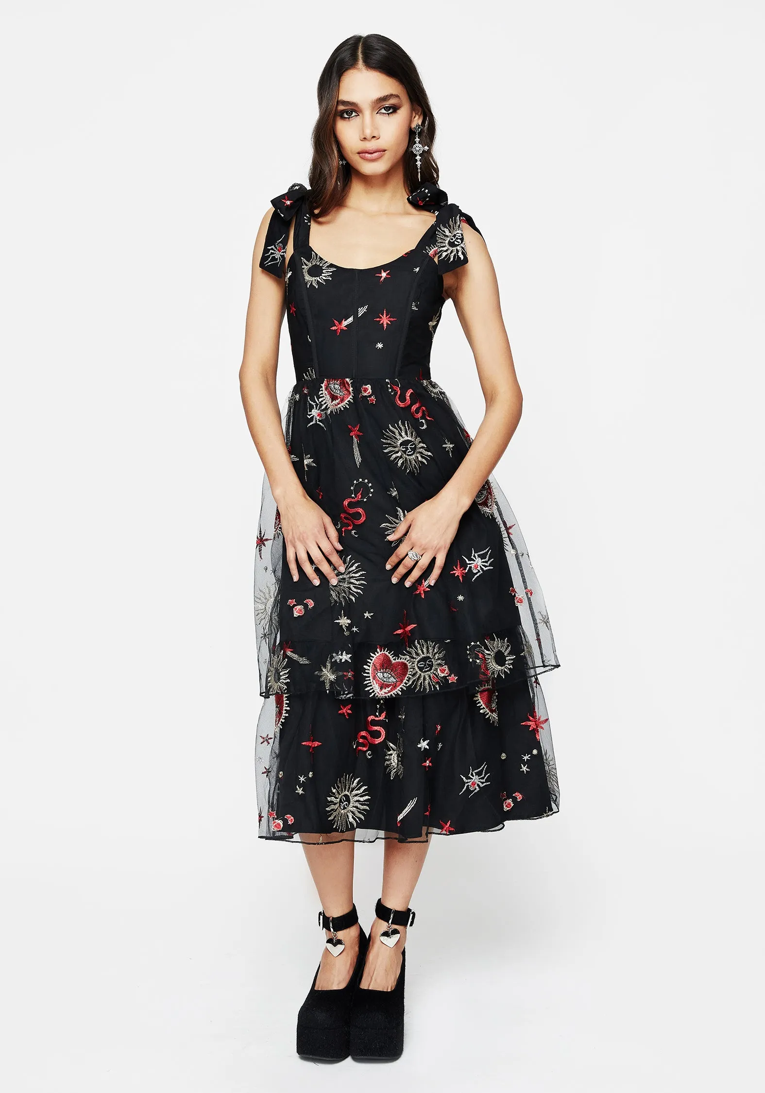Bloodlust Embroidered Corset Midi Dress Relaxed fit knee-length piece