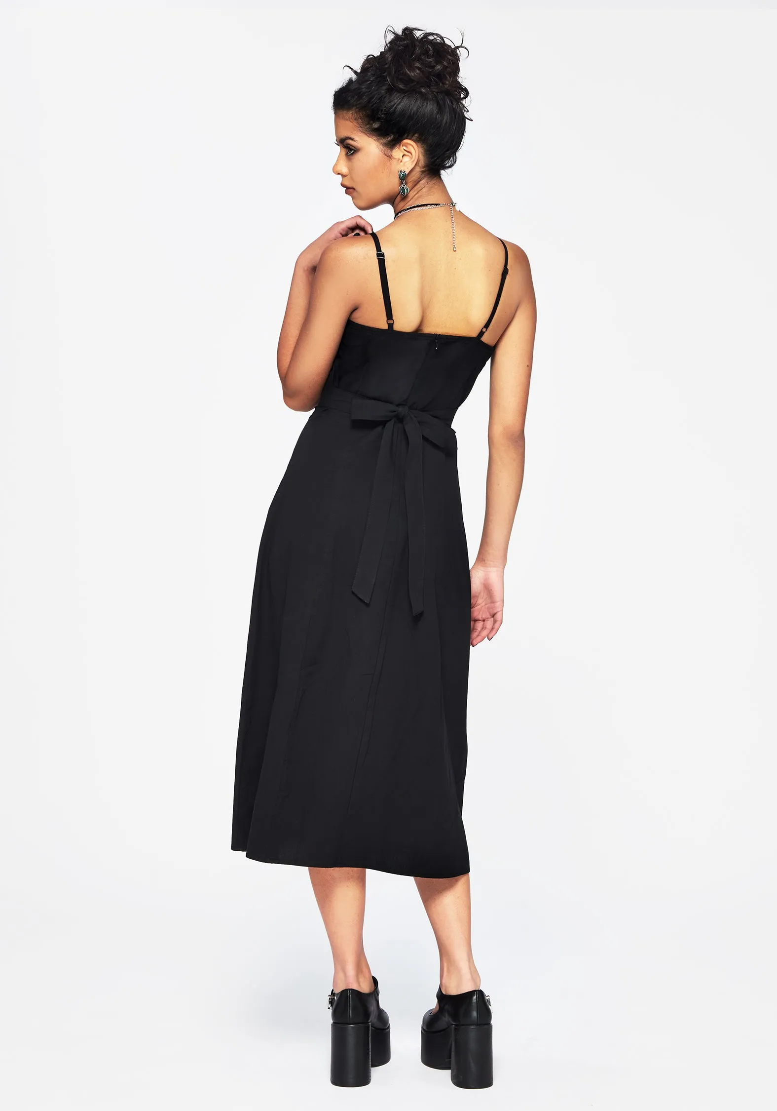 Feminine Charm Despair Cotton Thistle Embroidered Cami Tie Back Midi Dress