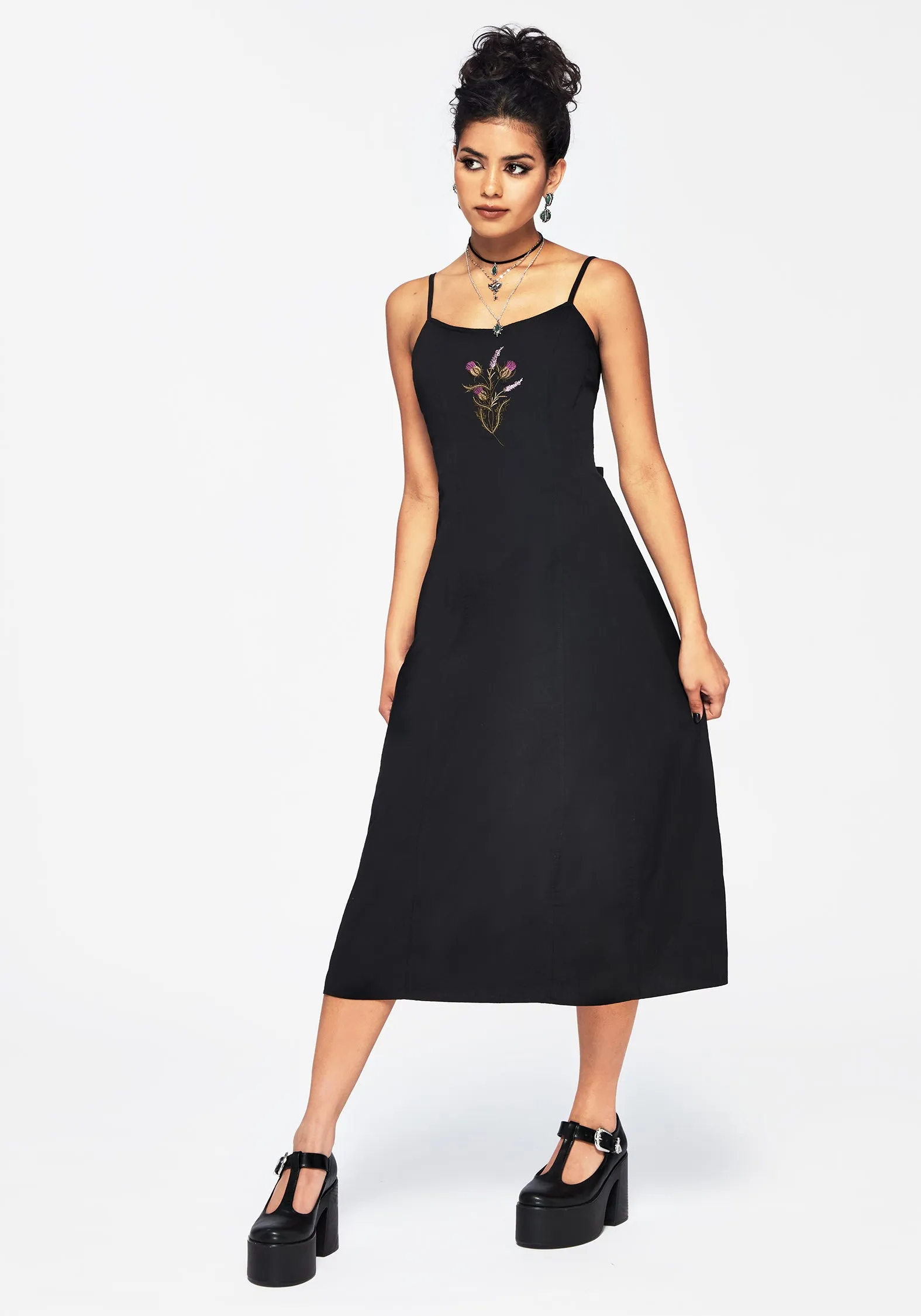 Despair Cotton Thistle Embroidered Cami Tie Back Midi Dress skin friendly