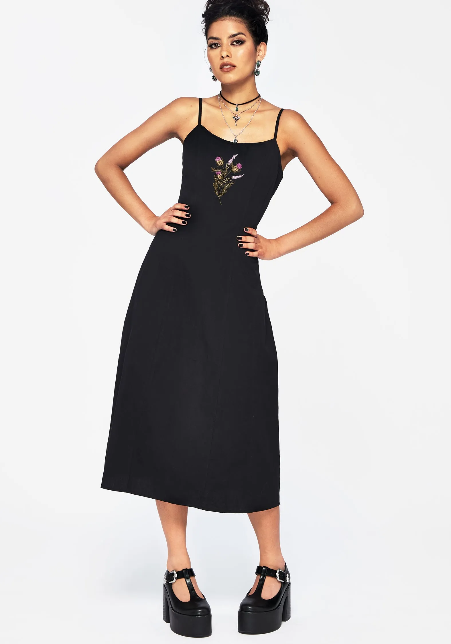 Chic dinner outfit Despair Cotton Thistle Embroidered Cami Tie Back Midi Dress