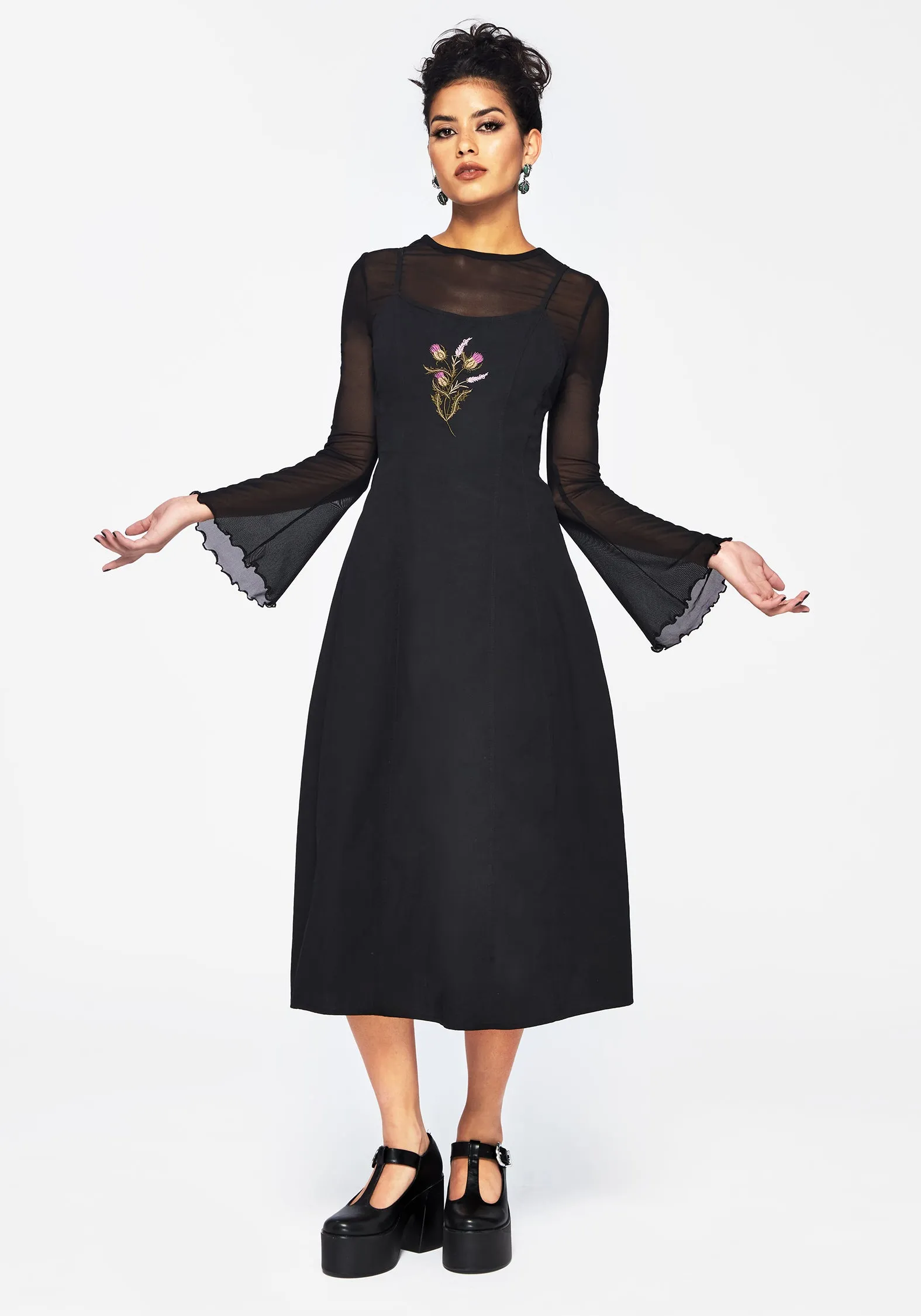 Despair Cotton Thistle Embroidered Cami Tie Back Midi Dress Gold Hour Cloud Light