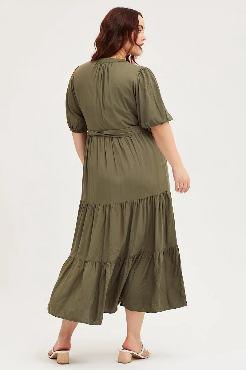 Green Short Sleeve Black Collared Button Midi Dress Coffee Break Airy Mood