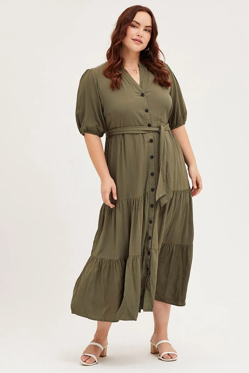 Body Loving Green Short Sleeve Black Collared Button Midi Dress