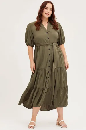 Smart Casual Relaxed Appearance Green Short Sleeve Black Collared Button Midi Dress