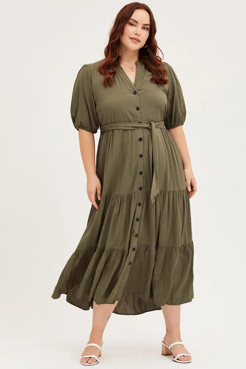 Smart Casual Relaxed Appearance Green Short Sleeve Black Collared Button Midi Dress