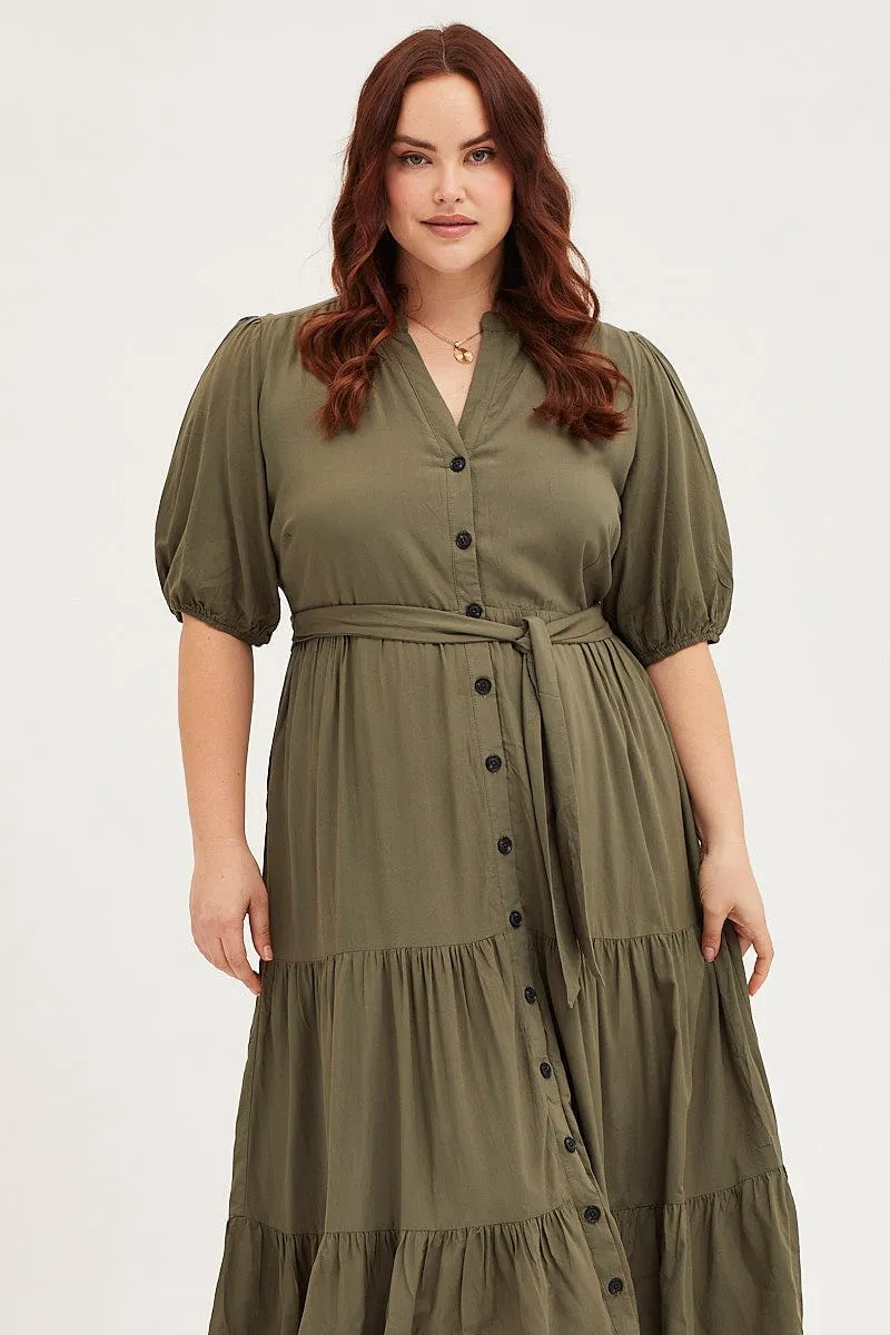 Feminine fit-and-flare style Green Short Sleeve Black Collared Button Midi Dress