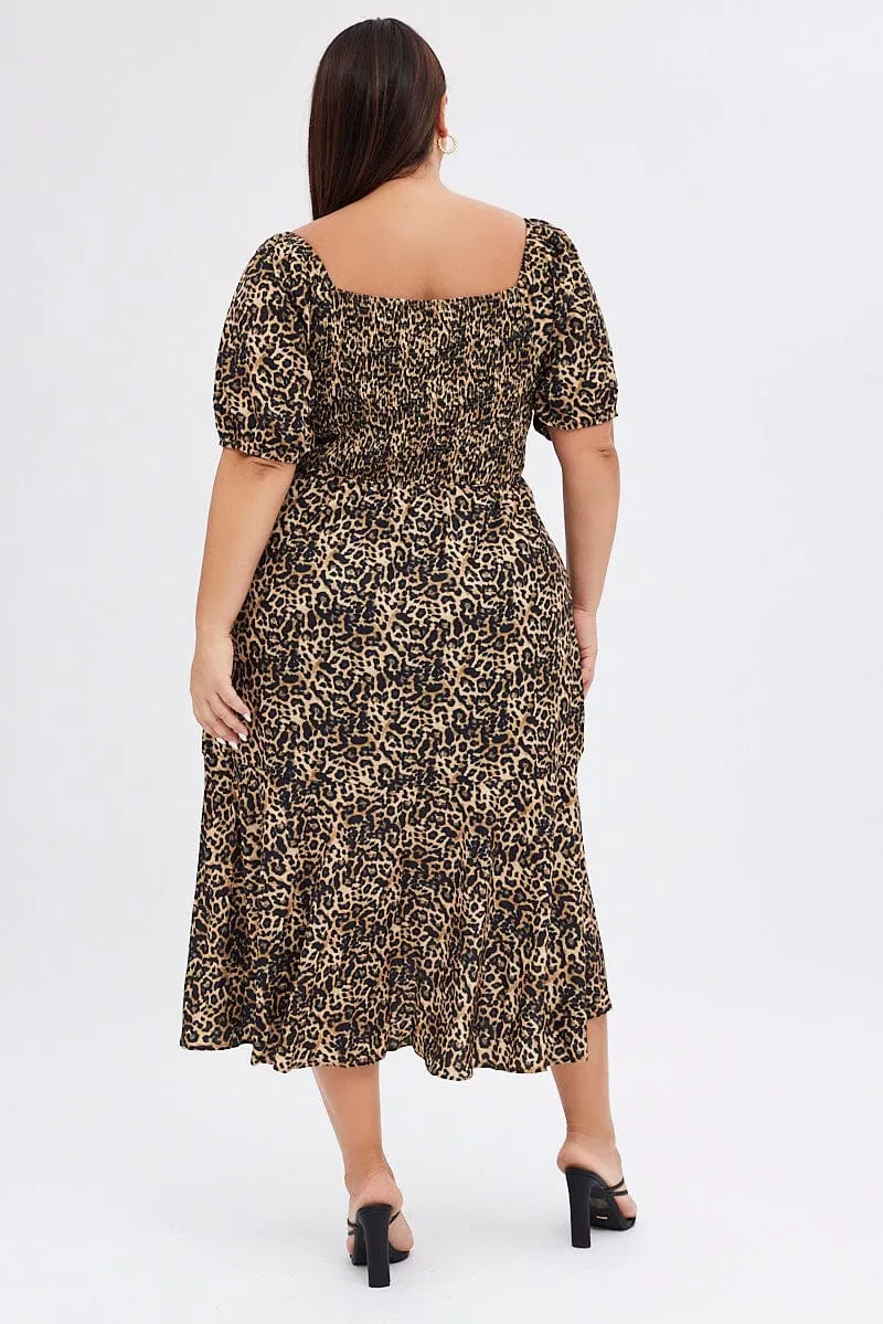 Brown Animal Print Midi Dress Short Sleeve Gathered Bust Timeless Comfort Stylish dress for garden party