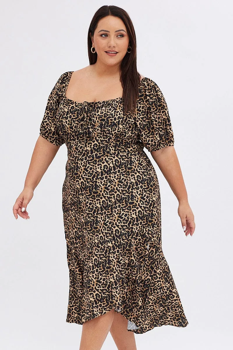 Smart Casual Brown Animal Print Midi Dress Short Sleeve Gathered Bust