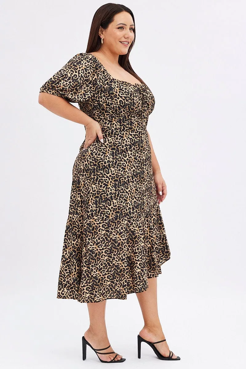 Fashion Statement Brown Animal Print Midi Dress Short Sleeve Gathered Bust