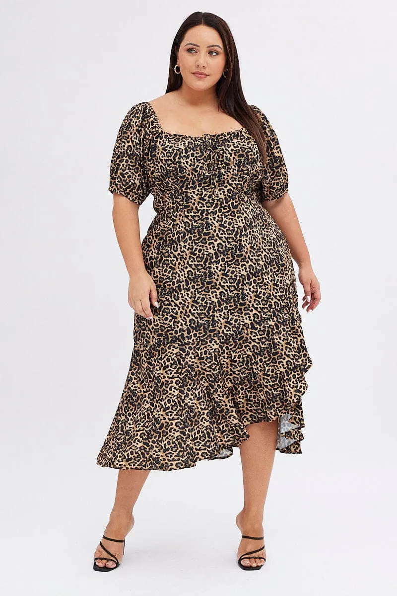 Chic Vibes Brown Animal Print Midi Dress Short Sleeve Gathered Bust