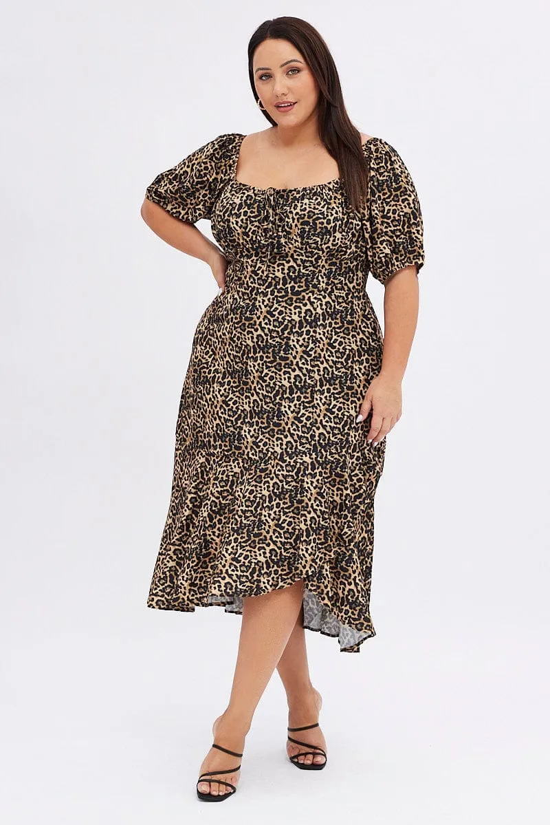 All-day wear midi Fur Warm Brown Animal Print Midi Dress Short Sleeve Gathered Bust