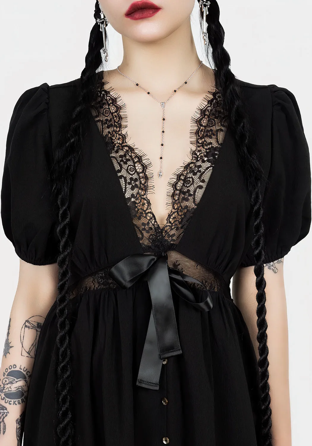 Fun floral midi gown Charming Fit Mortuary Lace Button Up Midi Dress