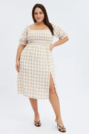Sophisticated Wardrobe Street Minimal Nude Check Midi Dress Split Front Large Gingham Check