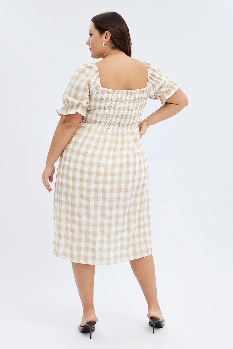 Nude Check Midi Dress Split Front Large Gingham Check Street Chic