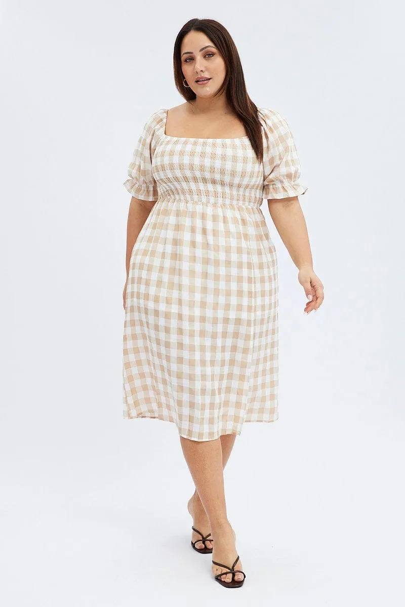 Relaxed summer midi Easy Style Nude Check Midi Dress Split Front Large Gingham Check