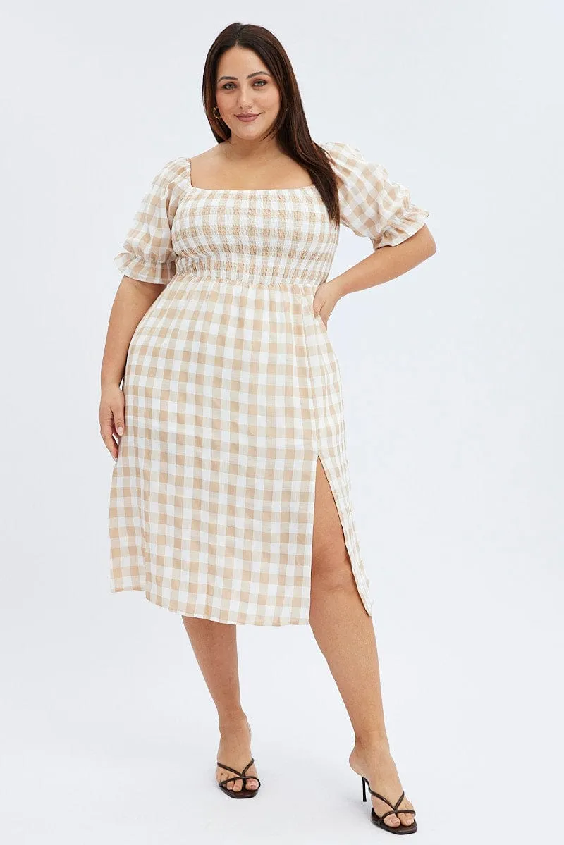 Sophisticated Wardrobe Street Minimal Nude Check Midi Dress Split Front Large Gingham Check
