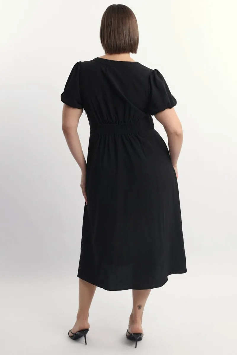 Casual Wear Metal Shine Black Midi Dress Short Sleeve V-Neck Textured