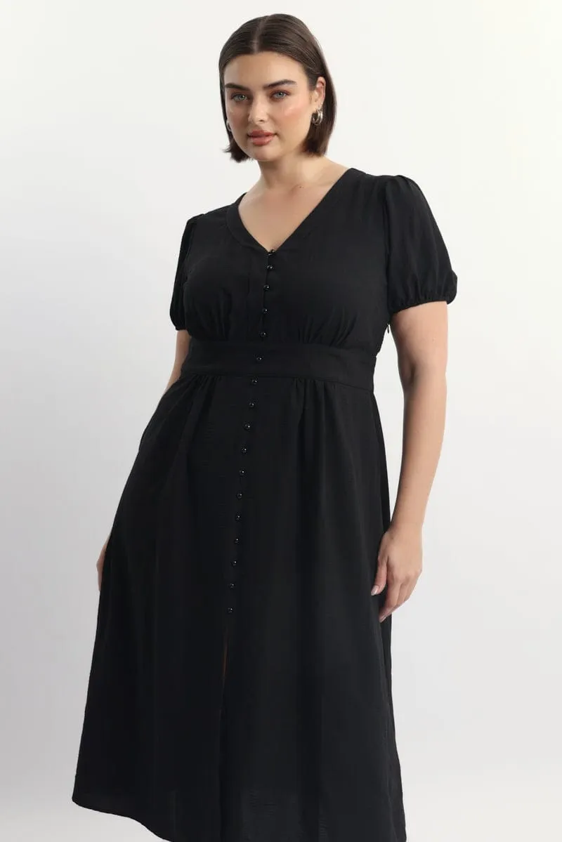 Black Midi Dress Short Sleeve V-Neck Textured Body Loving