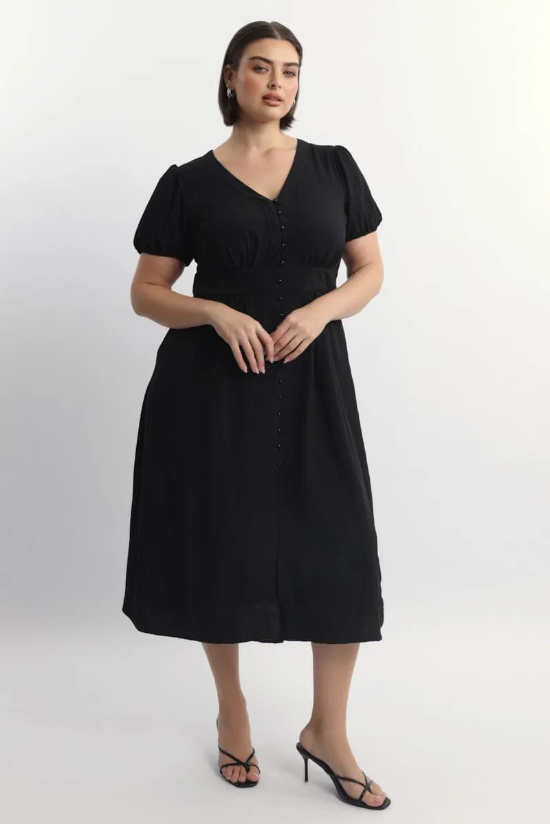 Black Midi Dress Short Sleeve V-Neck Textured City Roof